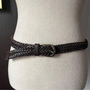 Vintage Brown Leather Belt Woven Braided Brass Buckle Boho Casual Retro Large
